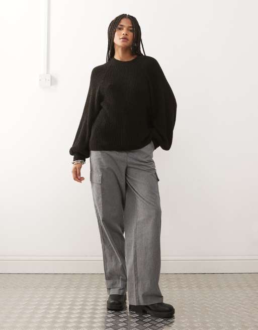 Reclaimed Vintage knitted crew neck knitted jumper with raglan balloon sleeves in black