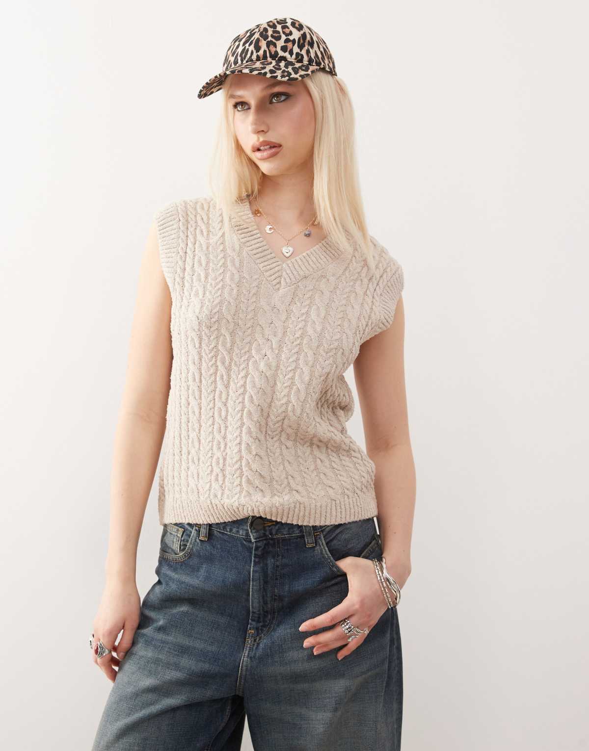 Reclaimed Vintage knitted fisherman oversized cable jumper in oatmeal