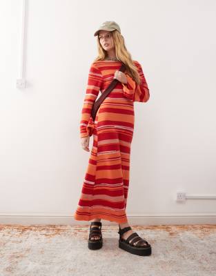 Reclaimed Vintage Reclaimed Vintage knitted flared sleeve maxi dress with tie cowl back in pink and orange stripe