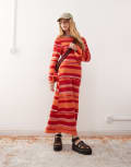 [Reclaimed Vintage] Reclaimed Vintage knitted flared sleeve maxi dress with tie cowl back in pink and orange stripe L Pink