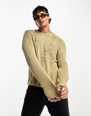 Reclaimed Vintage knitted jumper with stitch detail and distressing in stone