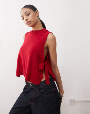 Reclaimed Vintage knitted layering tank with tie sides in cherry red