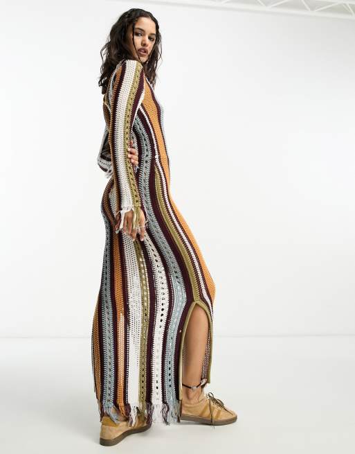 Reclaimed Vintage knitted long sleeve midi dress in stripe