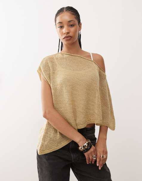 Reclaimed Vintage knitted metallic poncho in stone and gold - view 1