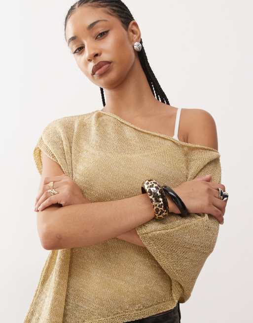 Reclaimed Vintage knitted metallic poncho in stone and gold, 3 of 4