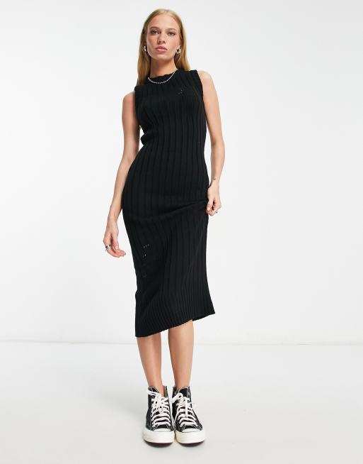 Reclaimed Vintage knitted midi dress with distressing in black, 4 of 4