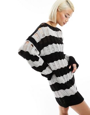 Reclaimed Vintage knitted midi laddered dress in stripe-Black