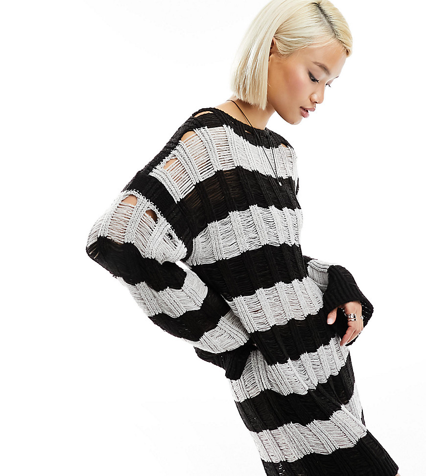 Reclaimed Vintage knitted midi laddered dress in stripe-Black