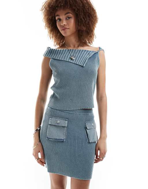 Reclaimed Vintage knitted off shoulder top in acid wash in blue (part of a set)