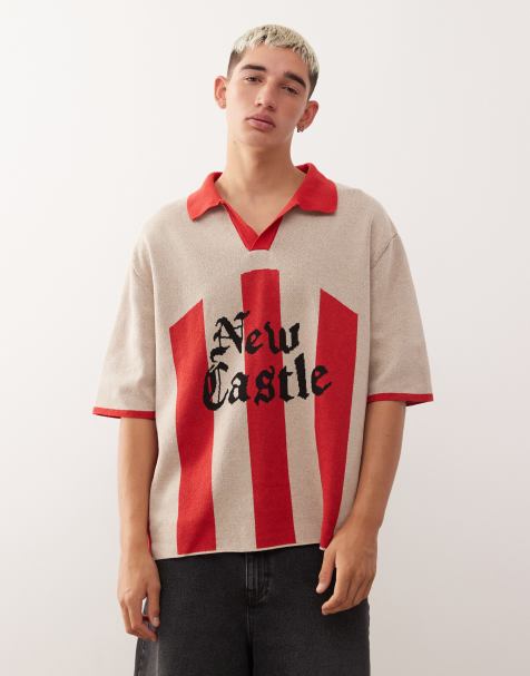 Reclaimed Vintage knitted polo football shirt with graphic print in ecru and red stripe - view 1