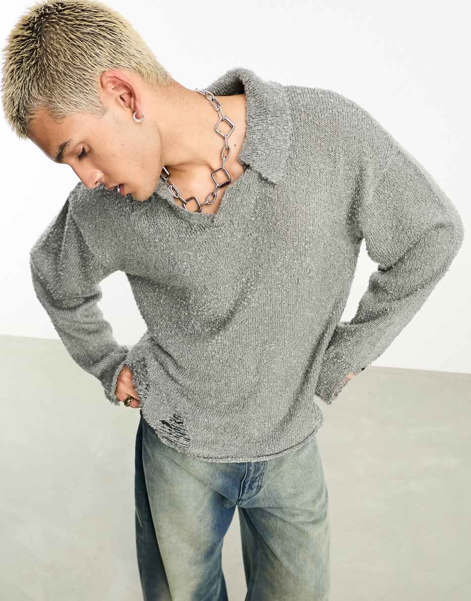 Reclaimed Vintage knitted polo jumper with distressing in grey