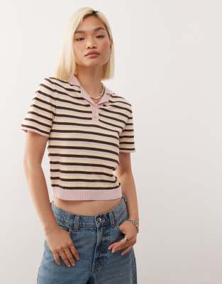 knitted short sleeve polo top in multi stripe-pink