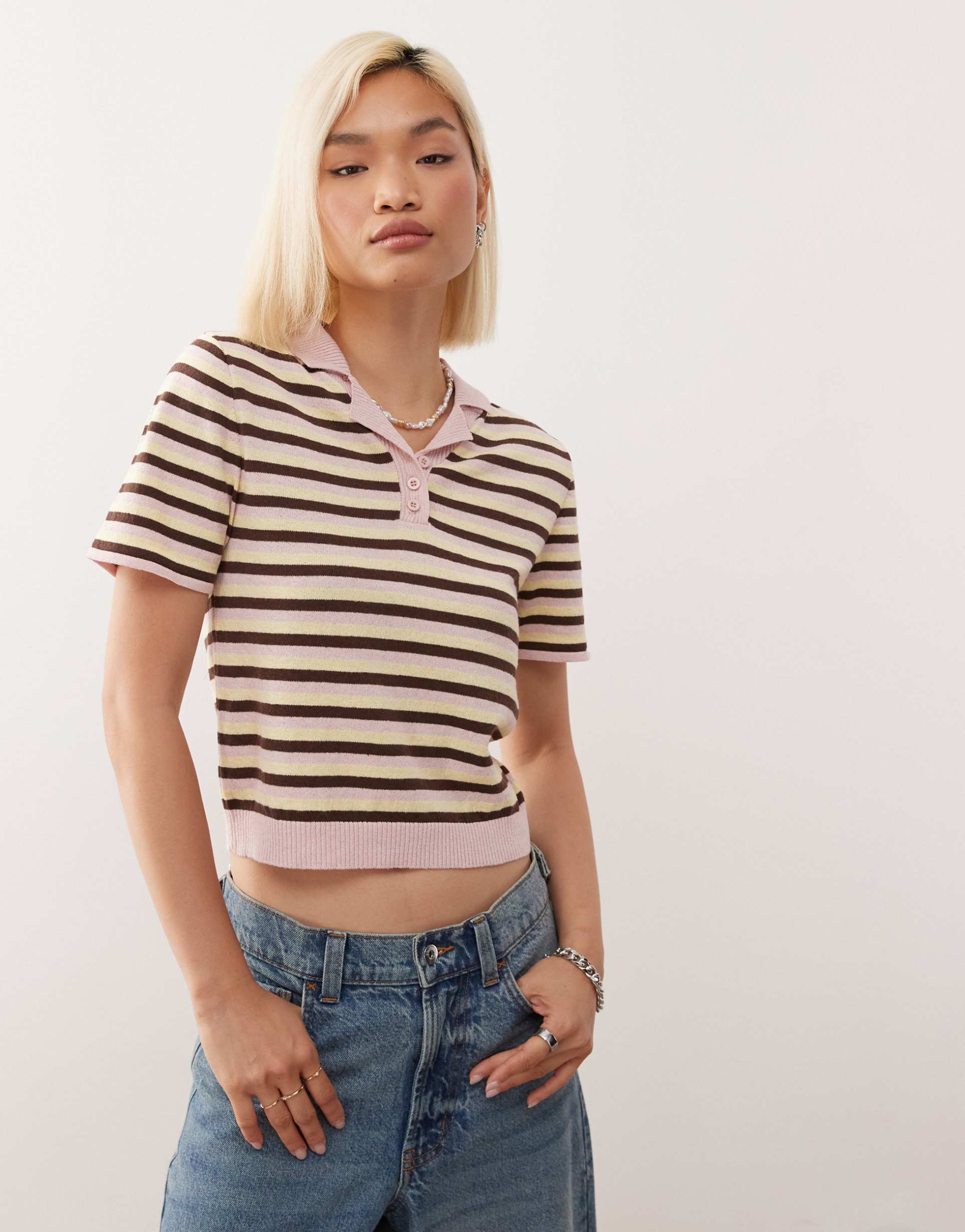 reclaimed vintage knitted short sleeve polo top in multi stripe