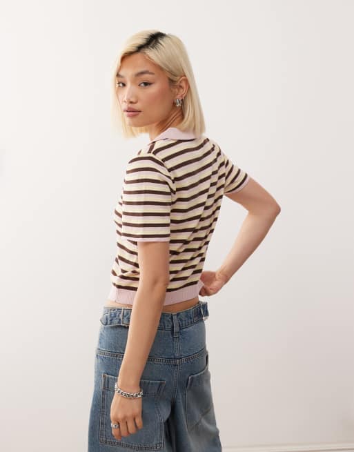 Reclaimed Vintage knitted short sleeve polo top in multi stripe