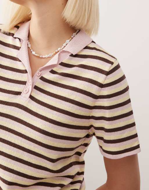 Reclaimed Vintage knitted short sleeve polo top in multi stripe