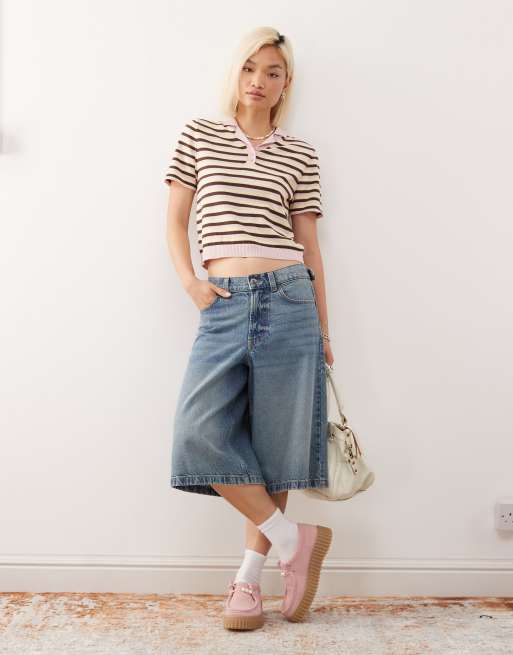 Reclaimed Vintage knitted short sleeve polo top in multi stripe