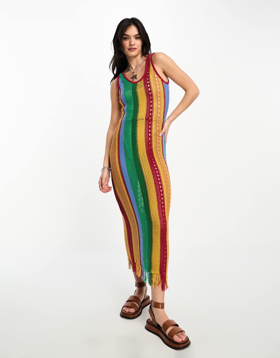 Reclaimed Vintage knitted stripe dress with fringe hem