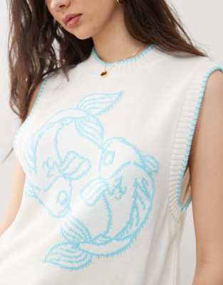 reclaimed vintage knitted tank with fish print in white and blue