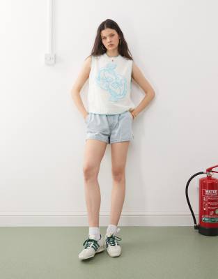 reclaimed vintage knitted tank with fish print in white and blue