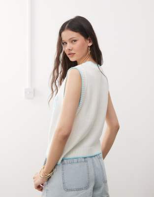 reclaimed vintage knitted tank with fish print in white and blue