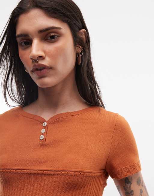 Reclaimed Vintage knitted top with button detail in burnt orange, 3 of 4