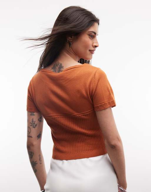 Reclaimed Vintage knitted top with button detail in burnt orange, 4 of 4