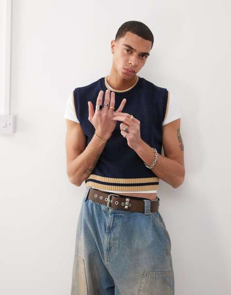 Reclaimed Vintage knitted vest with stripe details in navy - view 1