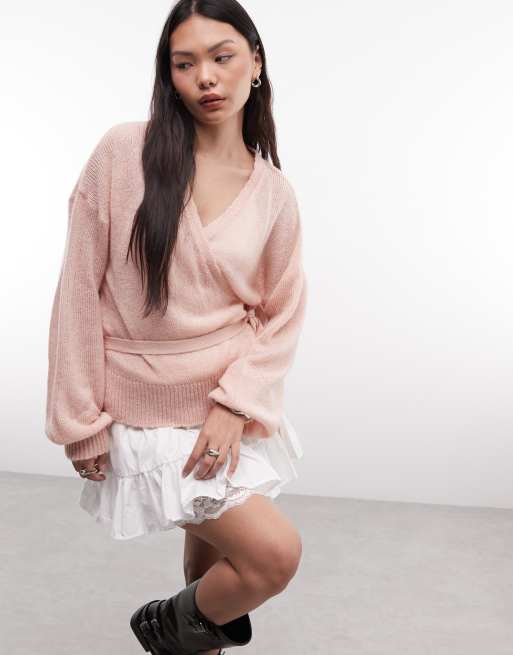 Reclaimed Vintage knitted wrap cardigan in baby pink, 2 of 4