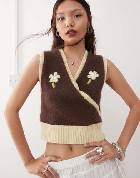 Reclaimed Vintage knitted wrap tank with floral embroidery in brown and butter yellow - view 1