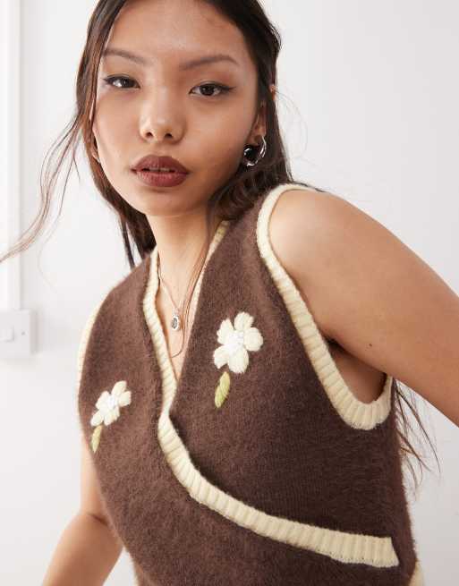 Reclaimed Vintage knitted wrap tank with floral embroidery in brown and butter yellow 
