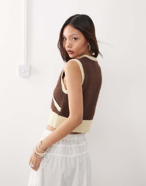 Reclaimed Vintage knitted wrap tank with floral embroidery in brown and butter yellow 