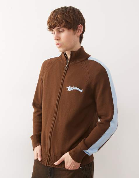 Reclaimed Vintage knitted zip through track jacket in brown with contrast blue stripes - view 1