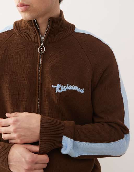 Reclaimed Vintage knitted zip through track jacket in brown with contrast blue stripes, 5 of 5