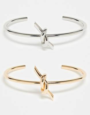 Reclaimed Vintage Reclaimed Vintage knot bangle 2 pack in gold and silver-Multi