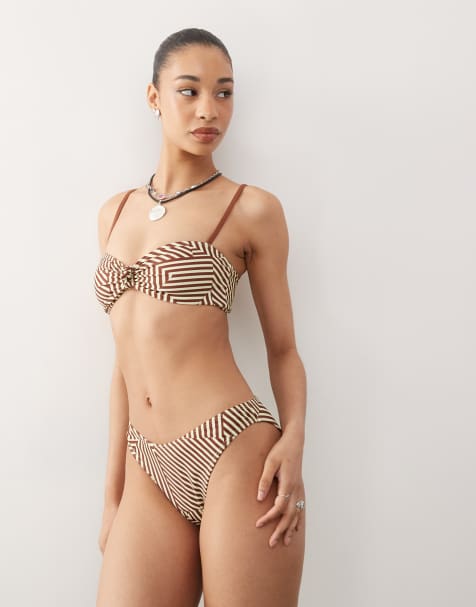 Reclaimed Vintage knot bikini set in spliced chocolate stripe - view 1