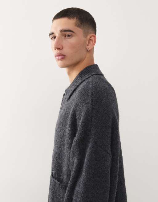 Reclaimed Vintage - Koksgrå cardigan i strik med krave, 4 af 5