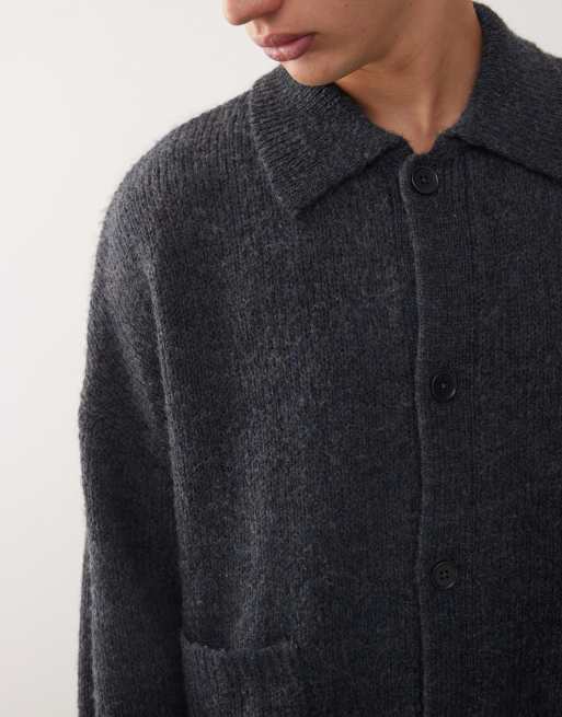 Reclaimed Vintage - Koksgrå cardigan i strik med krave, 5 af 5