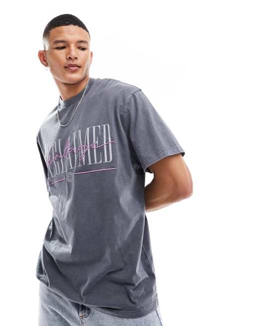 Reclaimed Vintage - Koksgrå, forvasket og oversized T-shirt med logo, 2 af 4