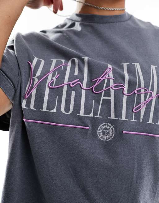 Reclaimed Vintage - Koksgrå, forvasket og oversized T-shirt med logo, 3 af 4