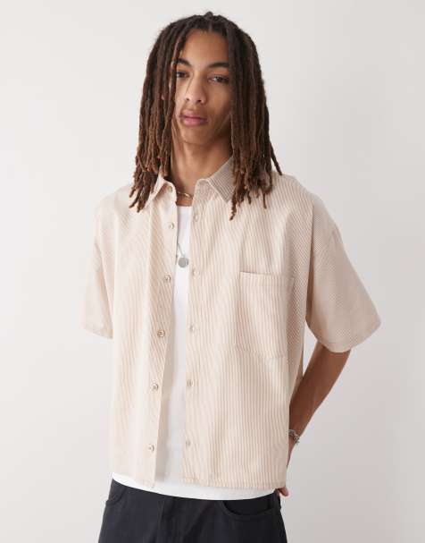 Reclaimed Vintage short sleeve boxy shirt in beige pinstripe