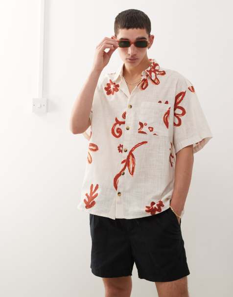 Reclaimed Vintage short sleeve shirt with red floral print in ecru