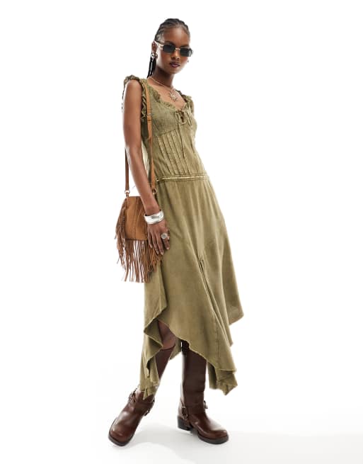 Reclaimed Vintage – Kowbojska sukienka midi w stylu milkmaid z diagonalu w kolorze khaki z efektem sprania