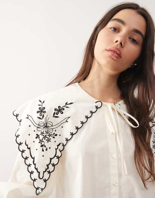 Reclaimed Vintage – Krämvit skjorta i oversize med broderad krage , 2 av 4