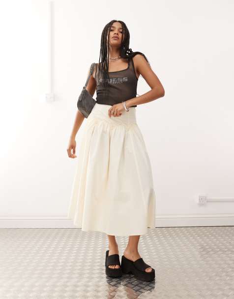 Reclaimed Vintage full midi skirt with dropped hem ruffle waist in cream