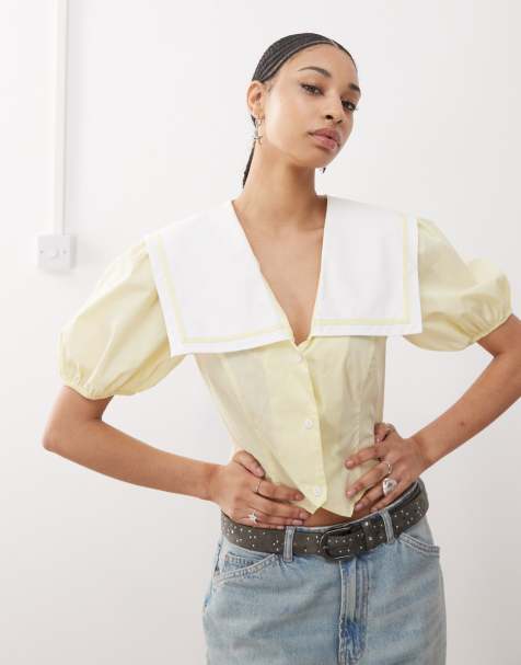 Reclaimed Vintage cinched in sailor collar blouse in buttermilk yellow 
