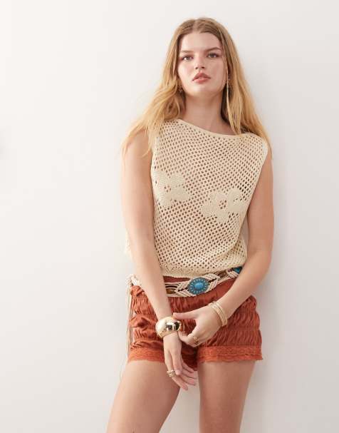 Reclaimed Vintage festival crochet knitted tank with flower detail in cream