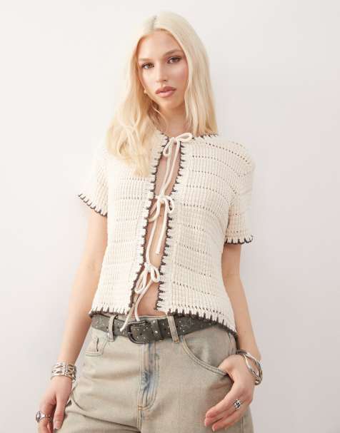 Reclaimed Vintage blanket stitch crochet tie front short sleeve cardigan in cream