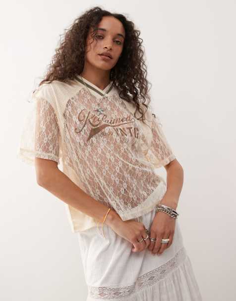 Reclaimed Vintage boxy airtex and lace detail t-shirt in cream