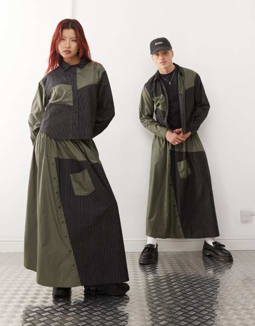 Reclaimed Vintage – Kritstrecksrandig, blockfärgad, kort nylonskjorta i unisex-modell