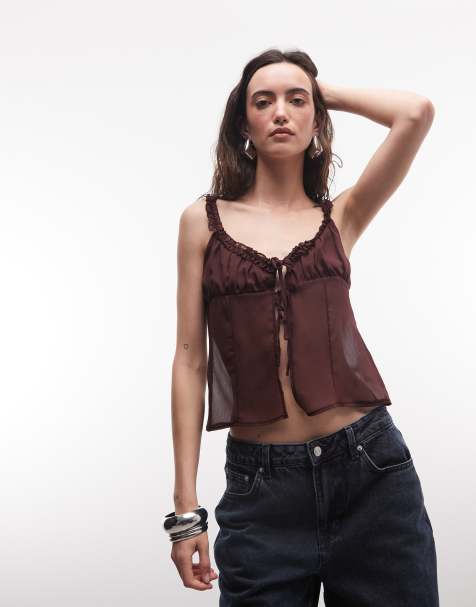 Reclaimed Vintage krøllet chiffonbluse i chokoladebrun - view 1